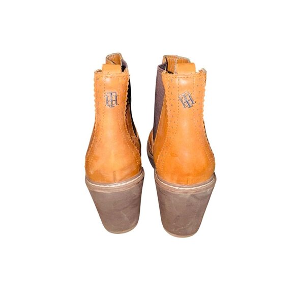 Tommy Hilfiger Women 9.5 Platform Camel Leather Wedge Chelsea Boots Brogue Boho - Picture 5 of 13